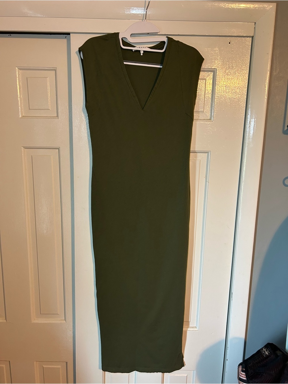 Frame Denim Olive Green Maxi Tshirt Dress with V-Neckline